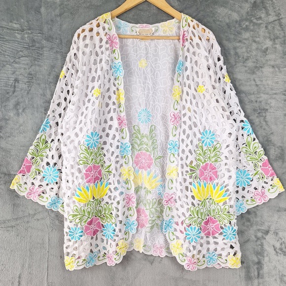 International Apparel Mart Tops - Womens Top 1X White Boho Embroidered Floral Sheer Festival Artsy Kimono Cardigan